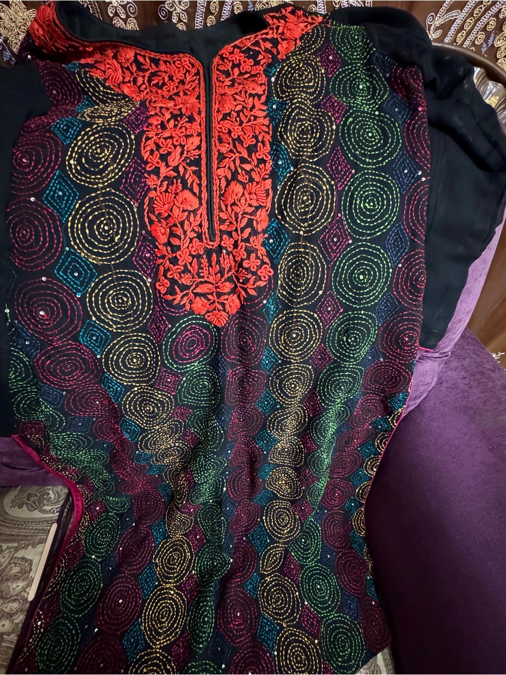 Embroidered Black Kurta with Red Yoke & Multicolor Circular Pattern